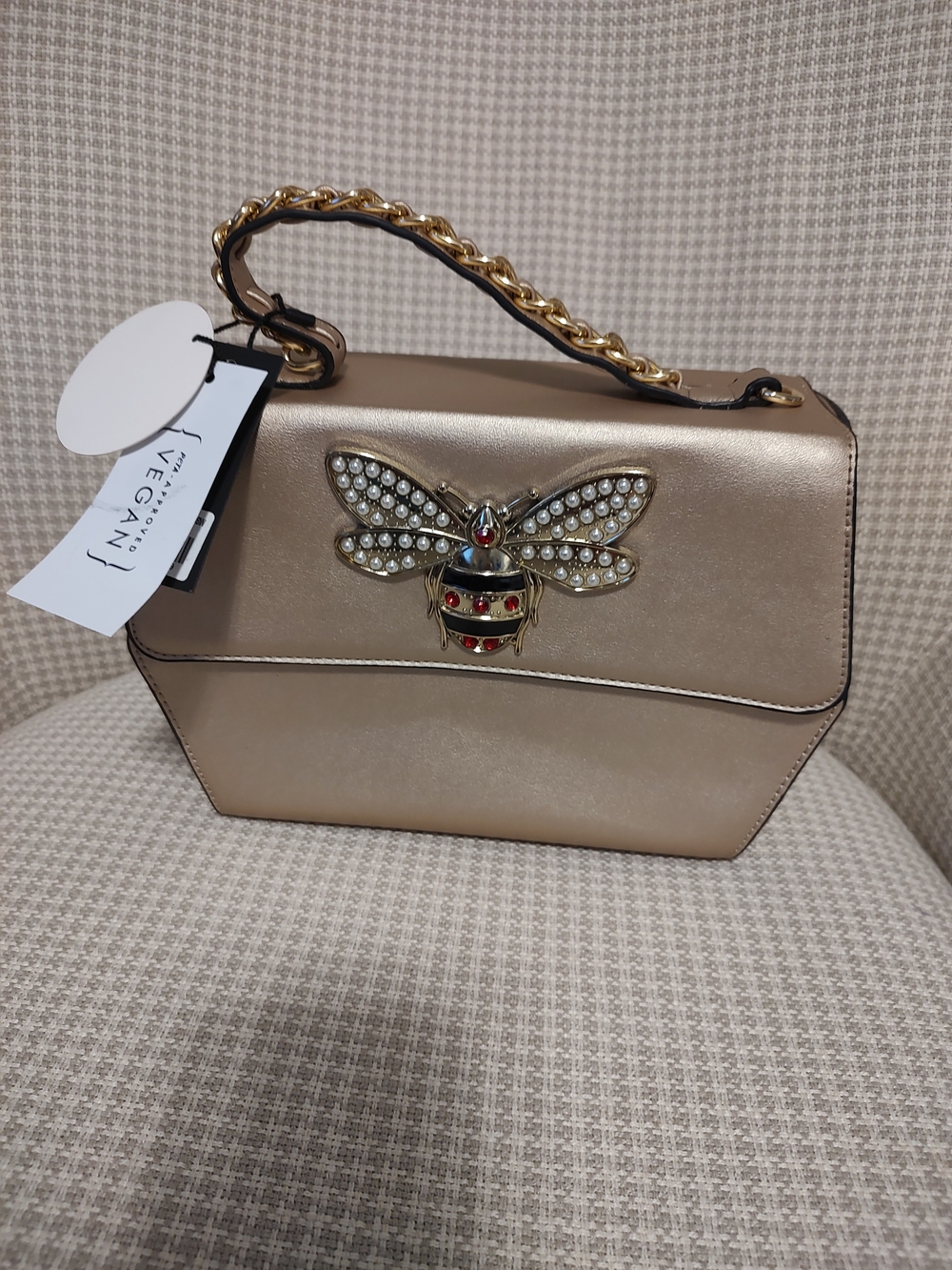 Pearl Bee Accent Metallic Gold Top-Handle Bag